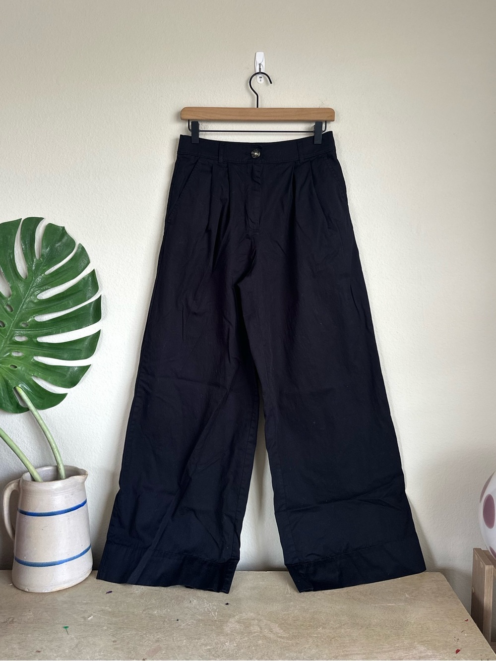 Loft Wide Leg High Rise Black Cotton Pants